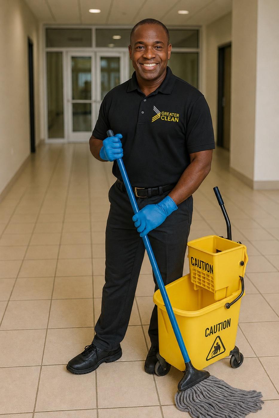 Greater Clean technician maintaining a corporate corridor